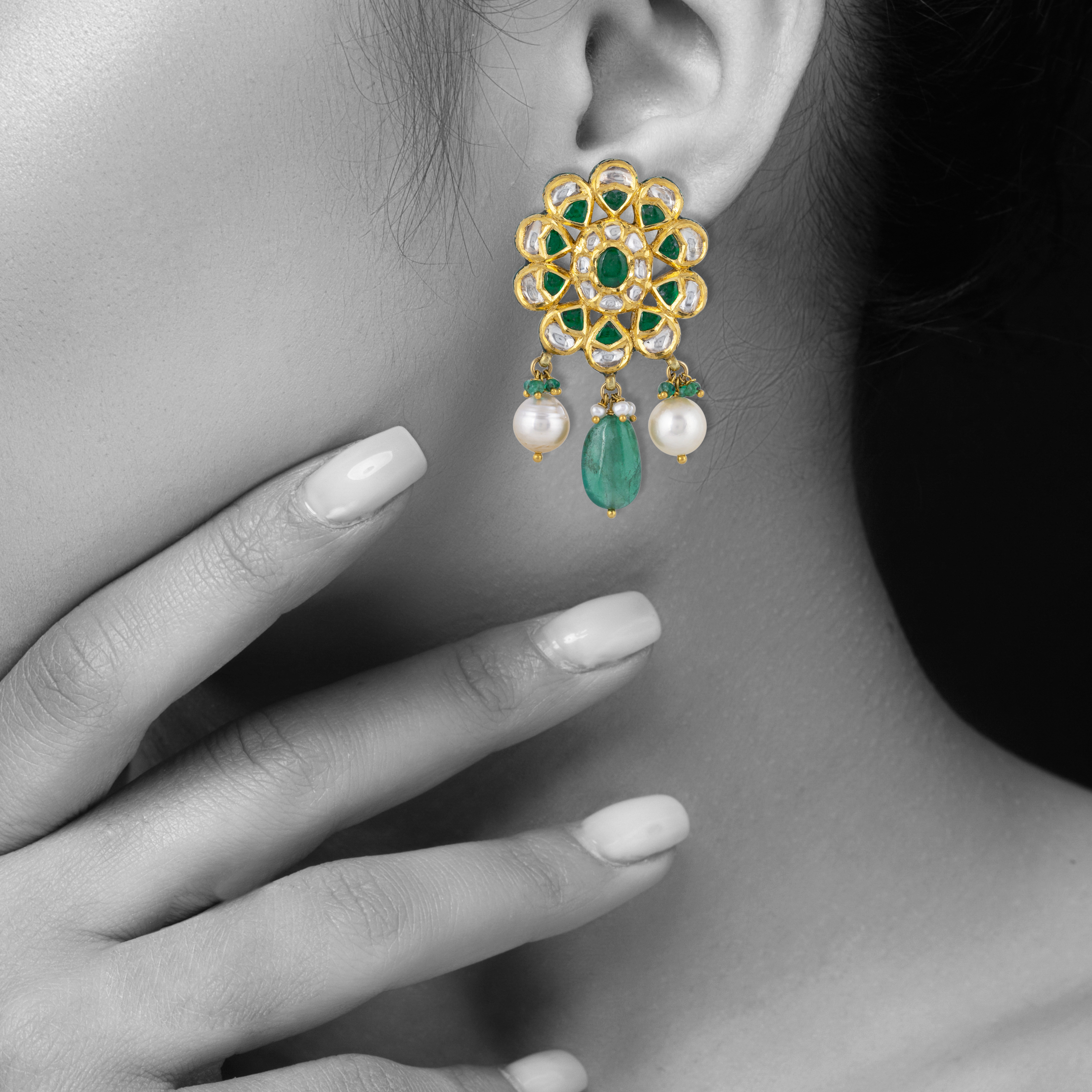 Floral Polki Earrings with Emerald Talaf & Pearl Drops